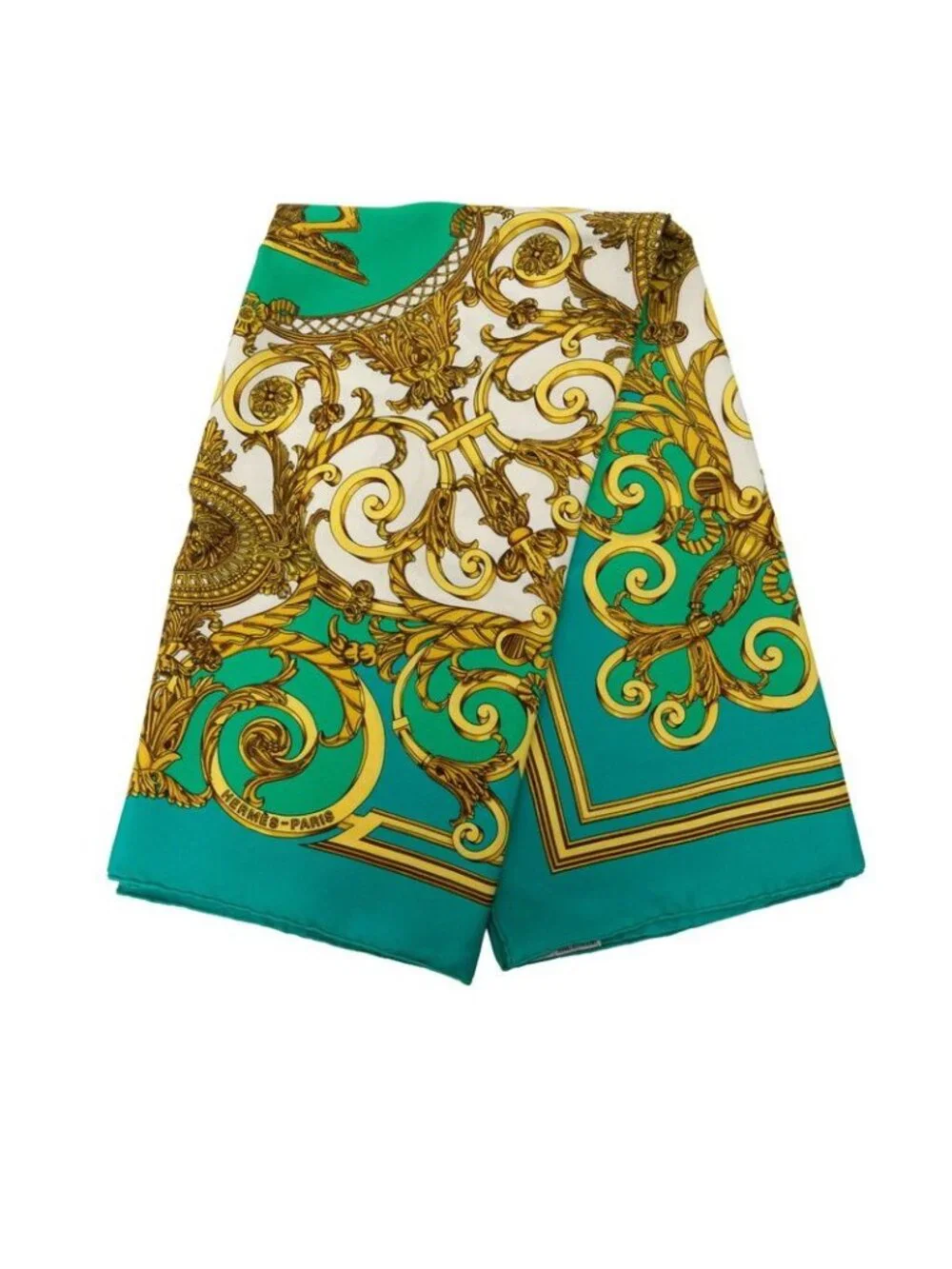 Hermes Carre 90 les Tuileries Roulis Park Scarf Green Gold Silk